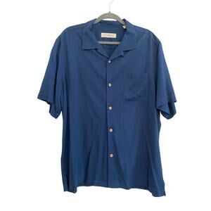 Tommy Bahama Camp Shirt Classic Button Down Short Sleeve Navy Blue Viscose Large